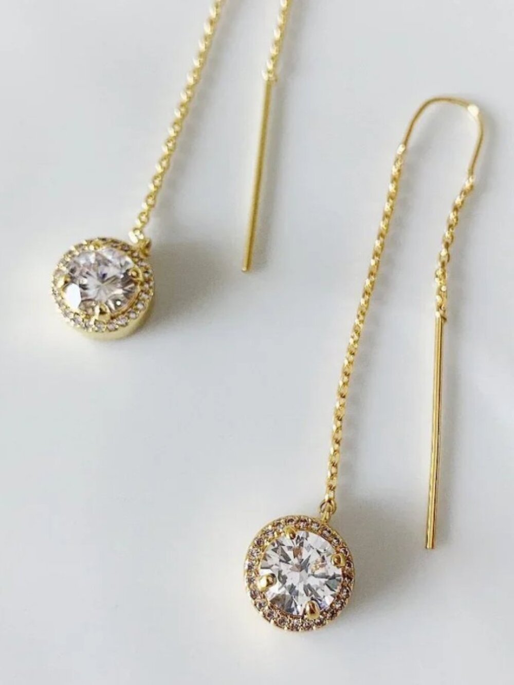 Henri Bendel Gold Threader Earrings Round CZ Dangle Minimalist Thread Through